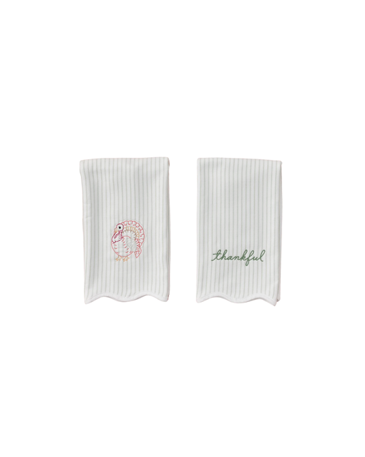 Weezie Thankful Turkey Scalloped Kitchen Towel- Green Stripe