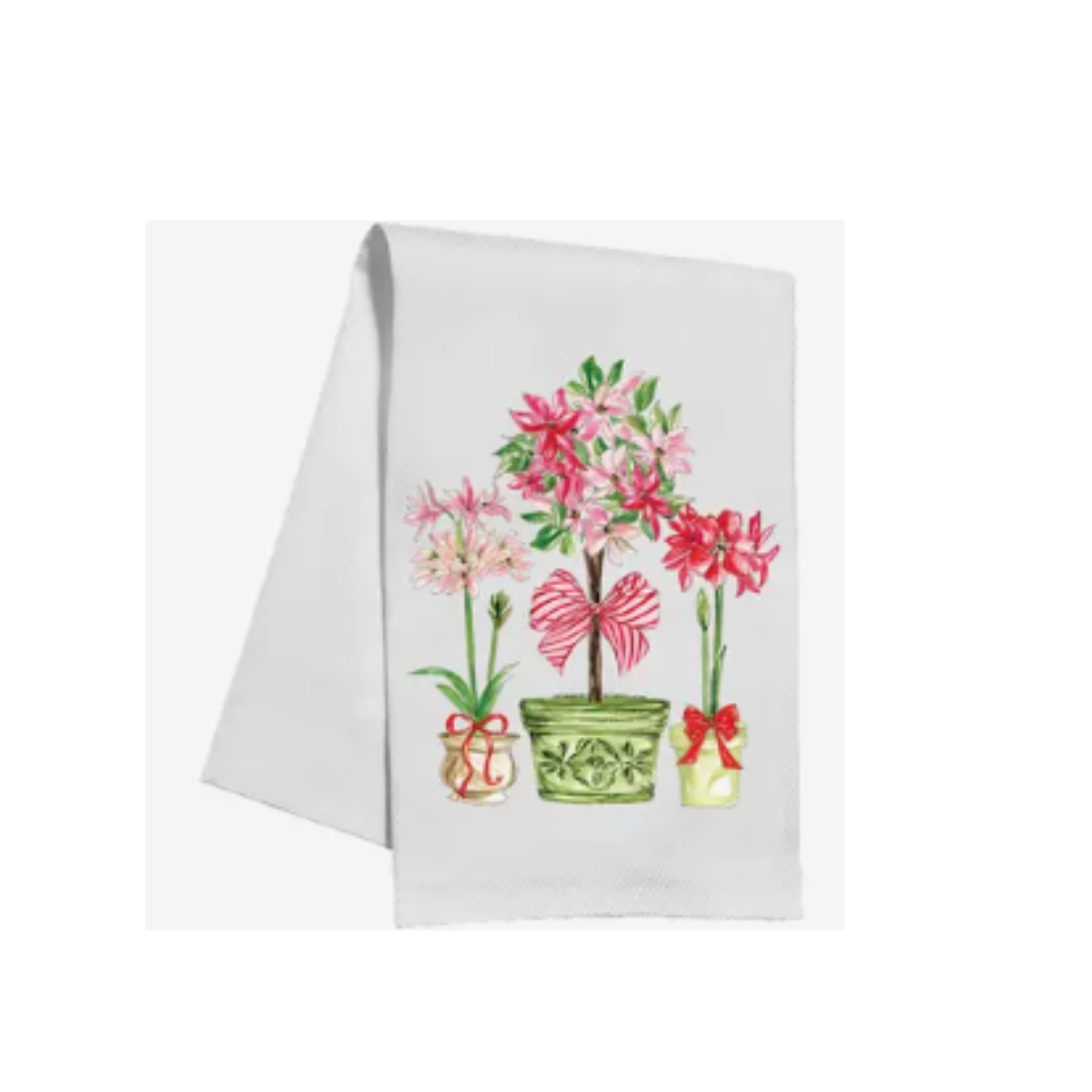Red and Green Poinsettia Topiary Kitchen Towel