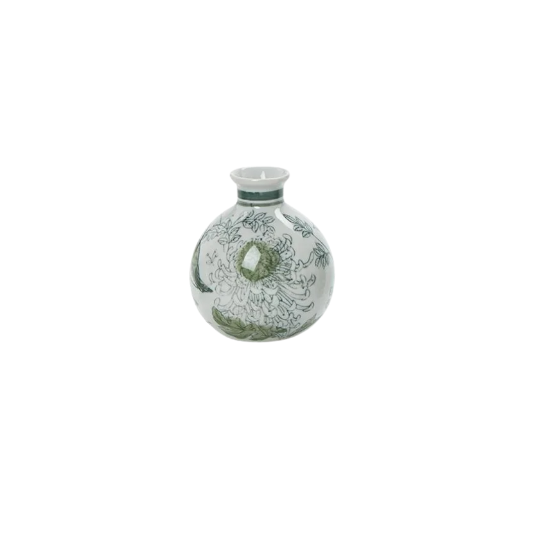 Primrose and Lotus Hand-Painted Mini Green and White Chinoiserie Vase