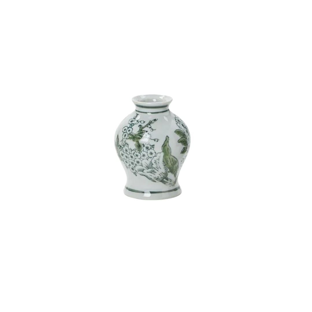 Primrose and Lotus Hand-Painted Mini Green and White Chinoiserie Vase