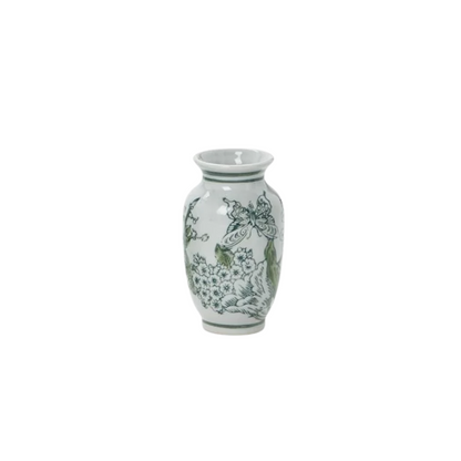 Primrose and Lotus Hand-Painted Mini Green and White Chinoiserie Vase