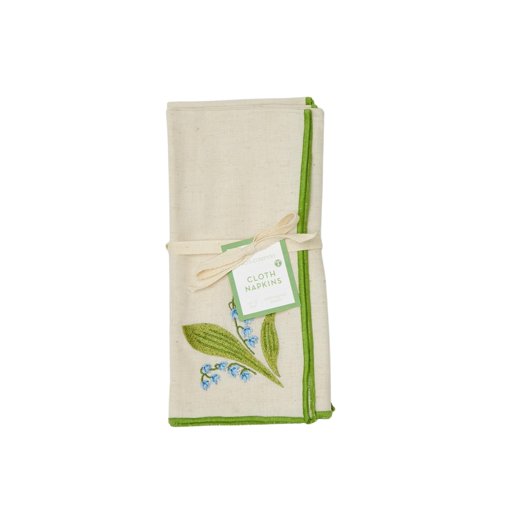 Lily of the Valley Set of 4 Embroidered Napkins with Merrow-Stitched Trim