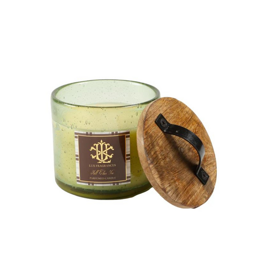 Lux Fragrances Fall Chai Tea Green Glass Candle with Lid