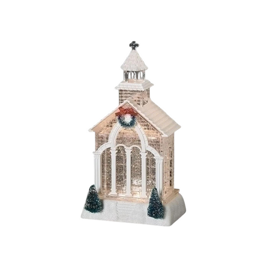 Lighted Swirl Church with Green Tree and Wreath