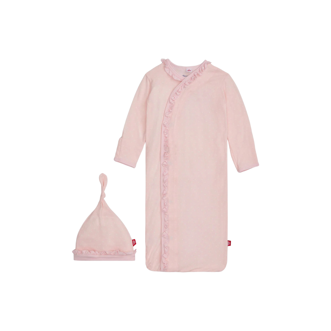 Pin Dot Pink Modal Magnetic Cozy Sleeper Gown + Hat Set with Ruffles