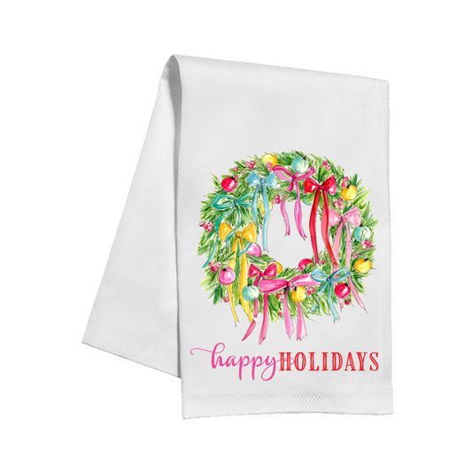 Happy Holidays Wreath with Ornaments and Bows Kitchen Towel
