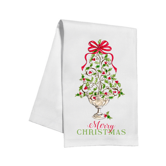 Holly Topiary with Red Bow Kitchen Towel