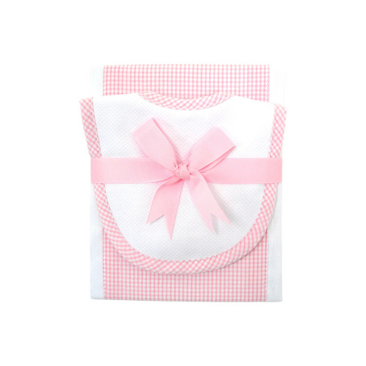 Pink Small Check Drooler Bib & Burp Set