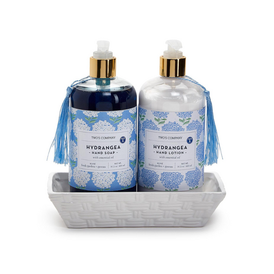 Hydrangea Scented Soap and Lotion Set in Ceramic Tray