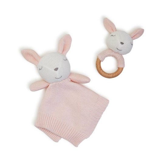 Knitted Baby Bunny Snuggle and Rattle Set
