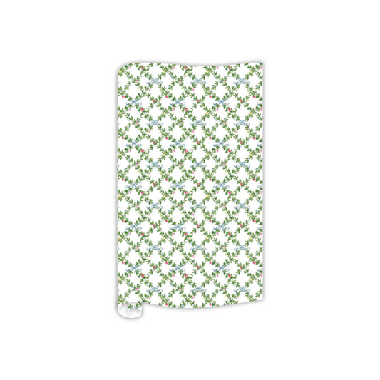 Greenery with Ornaments and Blue Bows Wrapping Paper