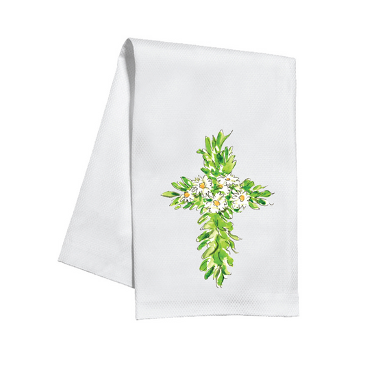 Kitchen Towel Greenery Cross with White Daisies