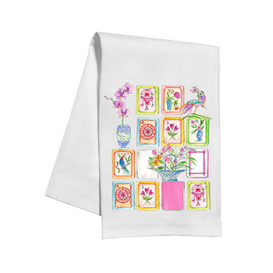 Mahjong Tiles with Birds and Flowers Kitchen Towel