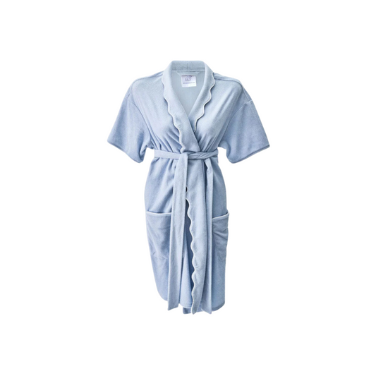 Weezie Scalloped Short Lightweight Robe - Robin's Egg with White Piping