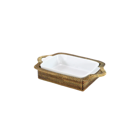 Calaisio Rectangular Casserole Basket with Handles with Stoneware Roaster 2qt