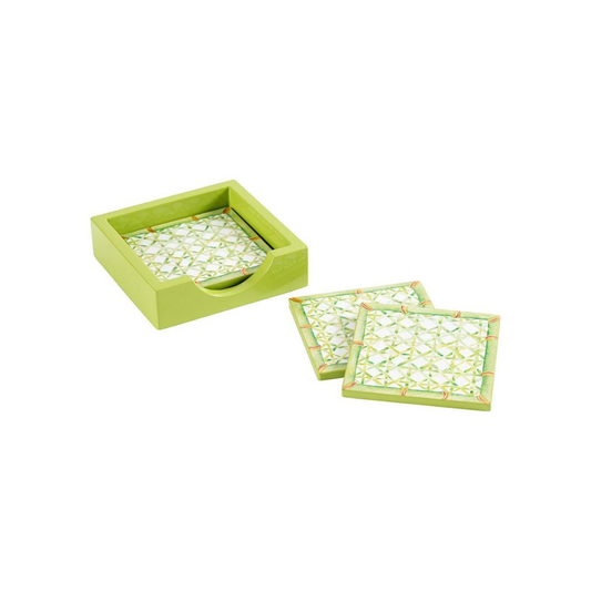 Caspari Trellis Square Lacquer Coaster in Holder - Set of 4