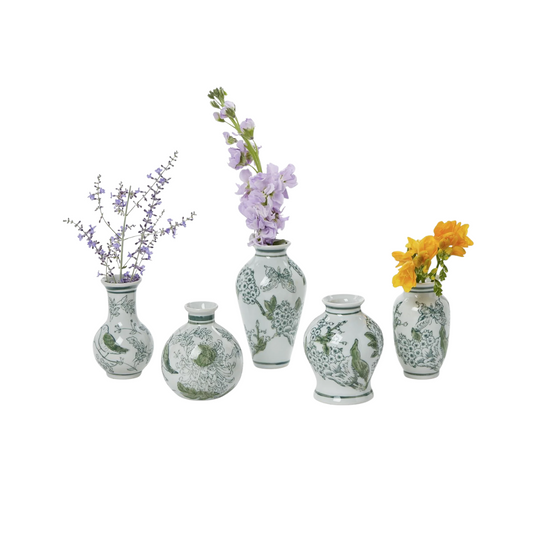 Primrose and Lotus Hand-Painted Mini Green and White Chinoiserie Vase