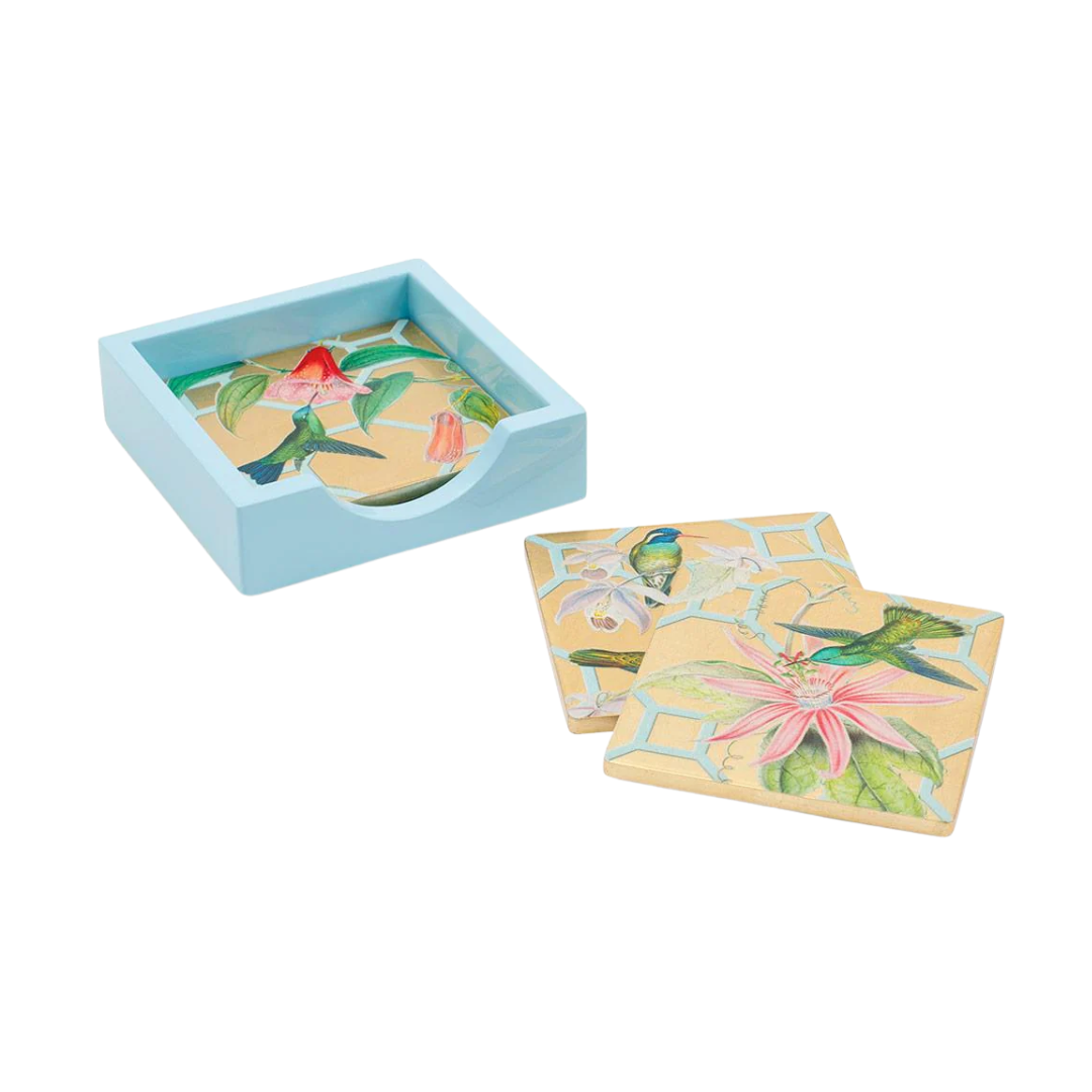 Caspari Hummingbird Trellis Gold Lacquer Coasters