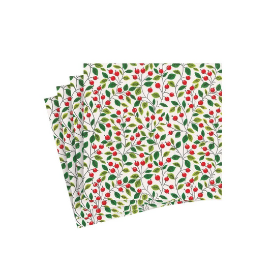 Caspari Berries and Leaves White Cocktail Napkins