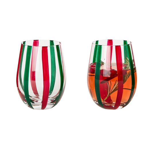 Red and Green Stripes Stemless Wine Glass