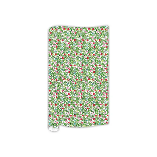 Green Holly and Colorful Ornaments Wrapping Paper
