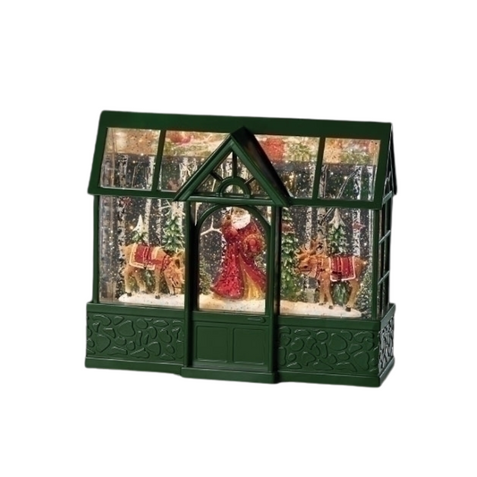 Santa With Reindeer Lighted Water Greenhouse Lantern