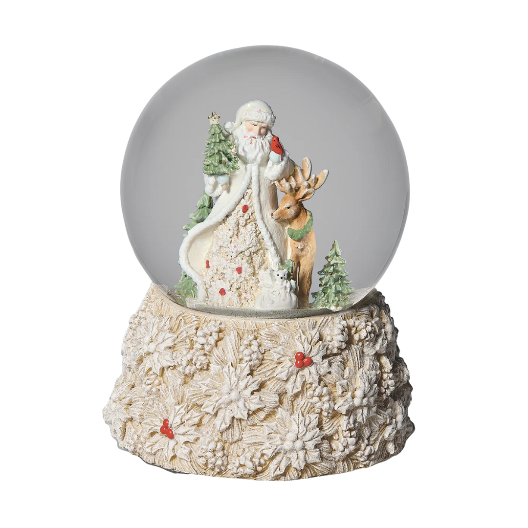7" Musical Santa and Deer Dome Poinsetta