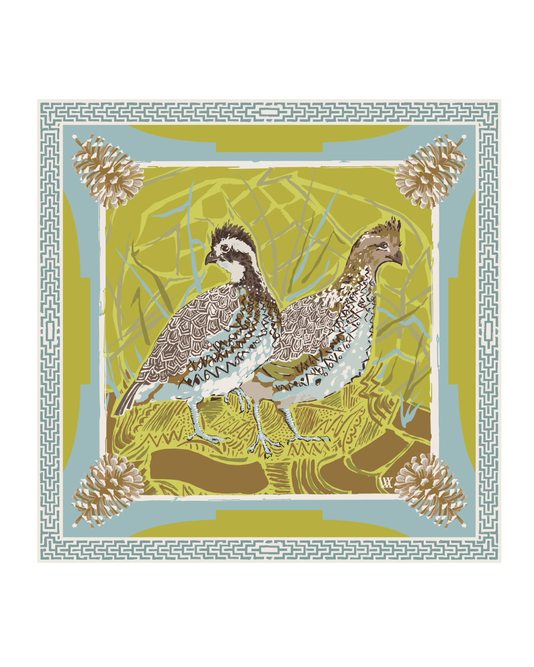 Austin Williams Chartreuse Quail Pair - Double Sided Silk Scarf - 35x35