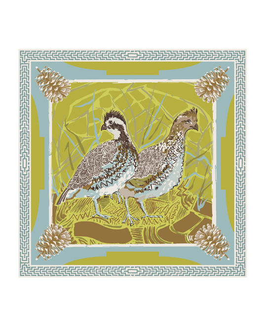 Austin Williams Chartreuse Quail Pair - Double Sided Silk Scarf - 35x35