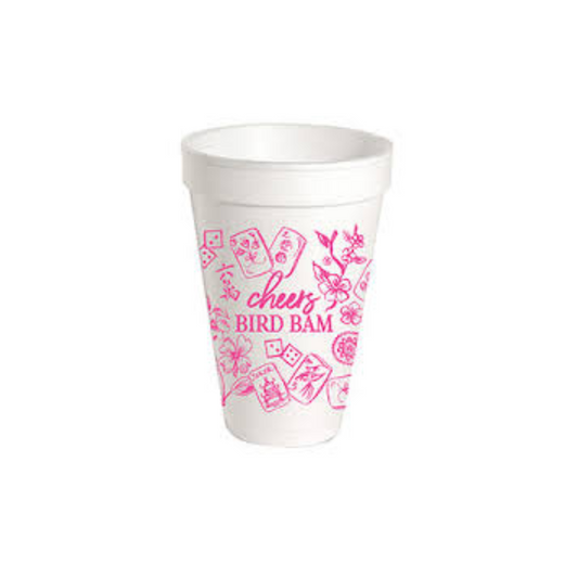 Styrofoam Cups- Pink Mahjong Toile Cheers Bird Bam